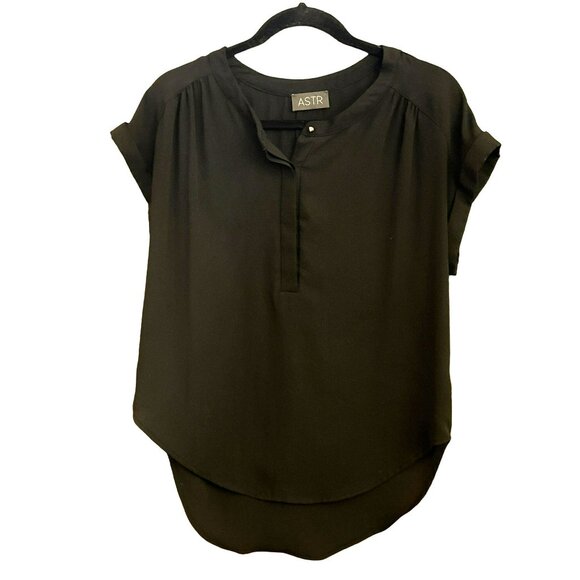 ASTR Women's Black Classic Hi Low Short Sleeve Blouse Roll Up Sleeve Basic Work - Picture 1 of 3